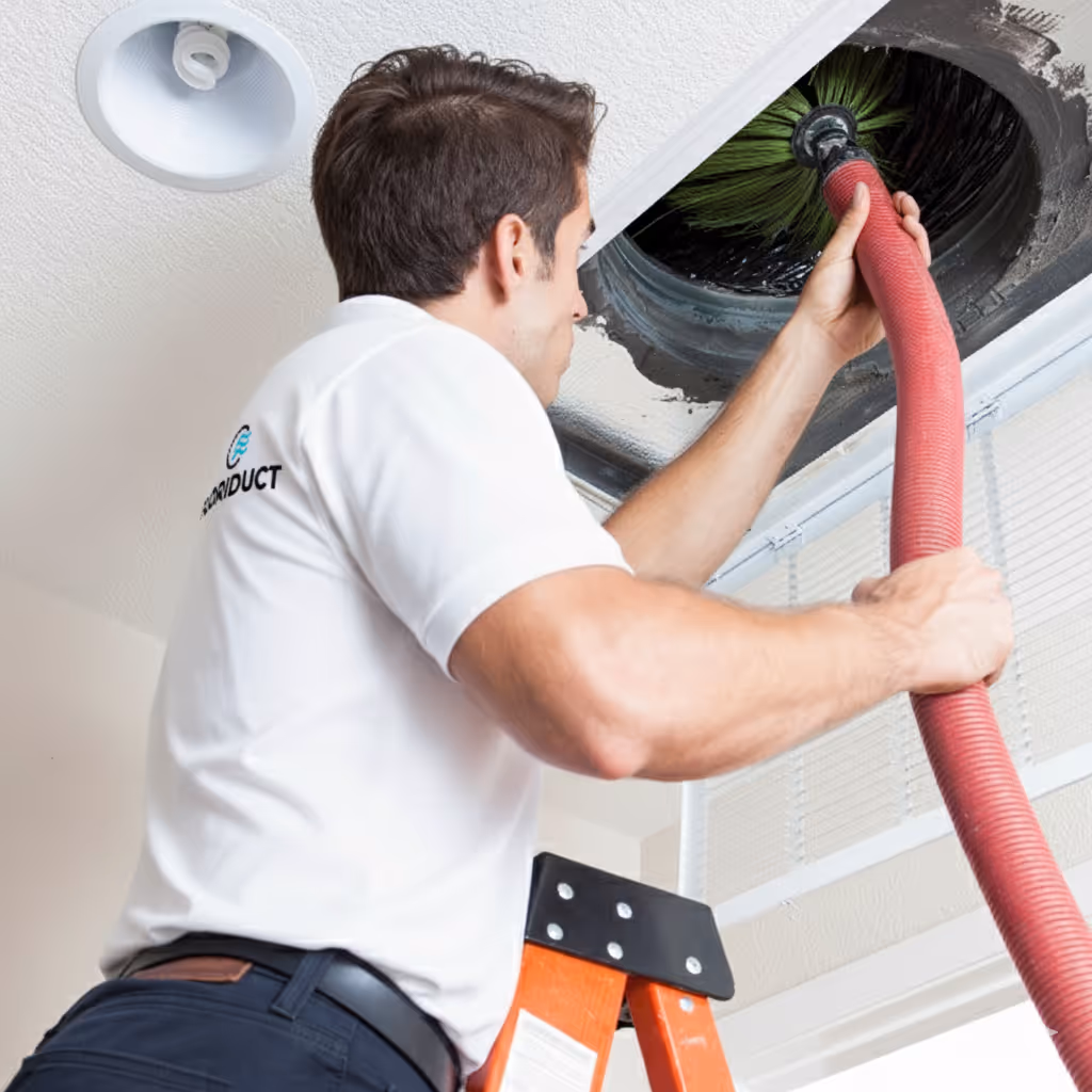 Floriduct technician connecting a vacuum hose to an open ceiling air duct during an air duct cleaning