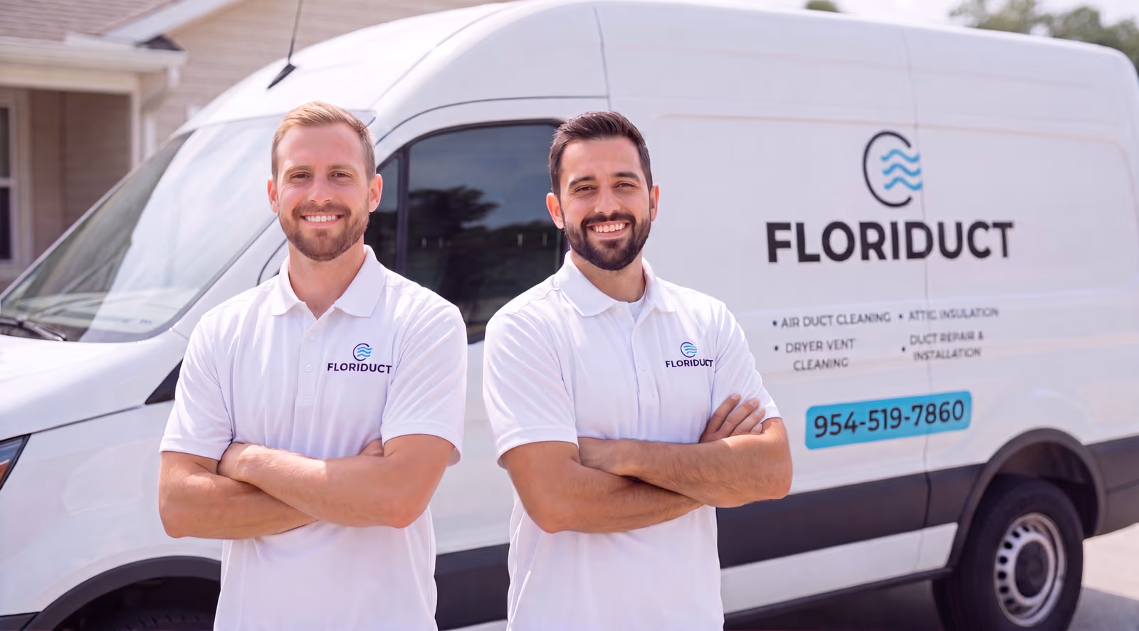 Floriduct technicians standing beside a branded service van in South Florida