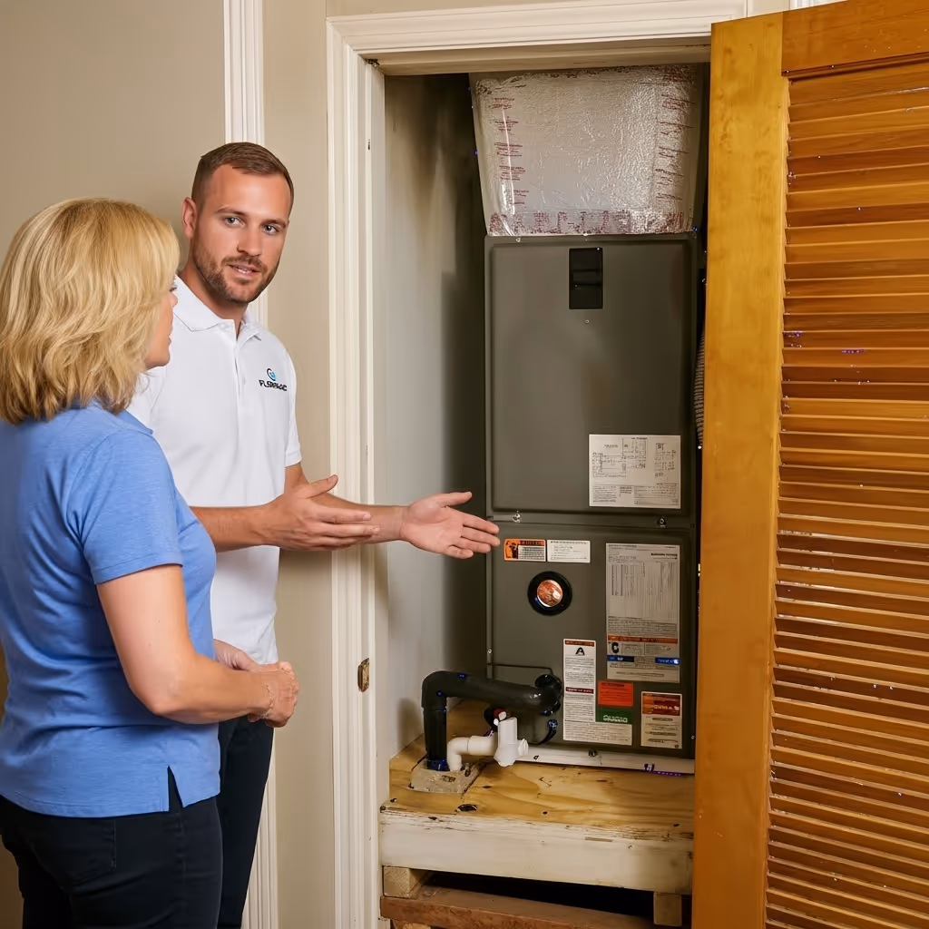 Floriduct technician explaining the work to a customer beside an AC unit