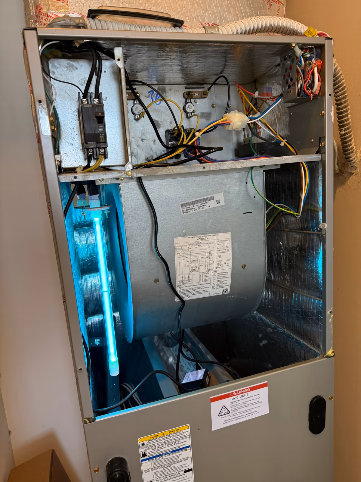 UV-C light installed in an air handler next to the evaporator coil