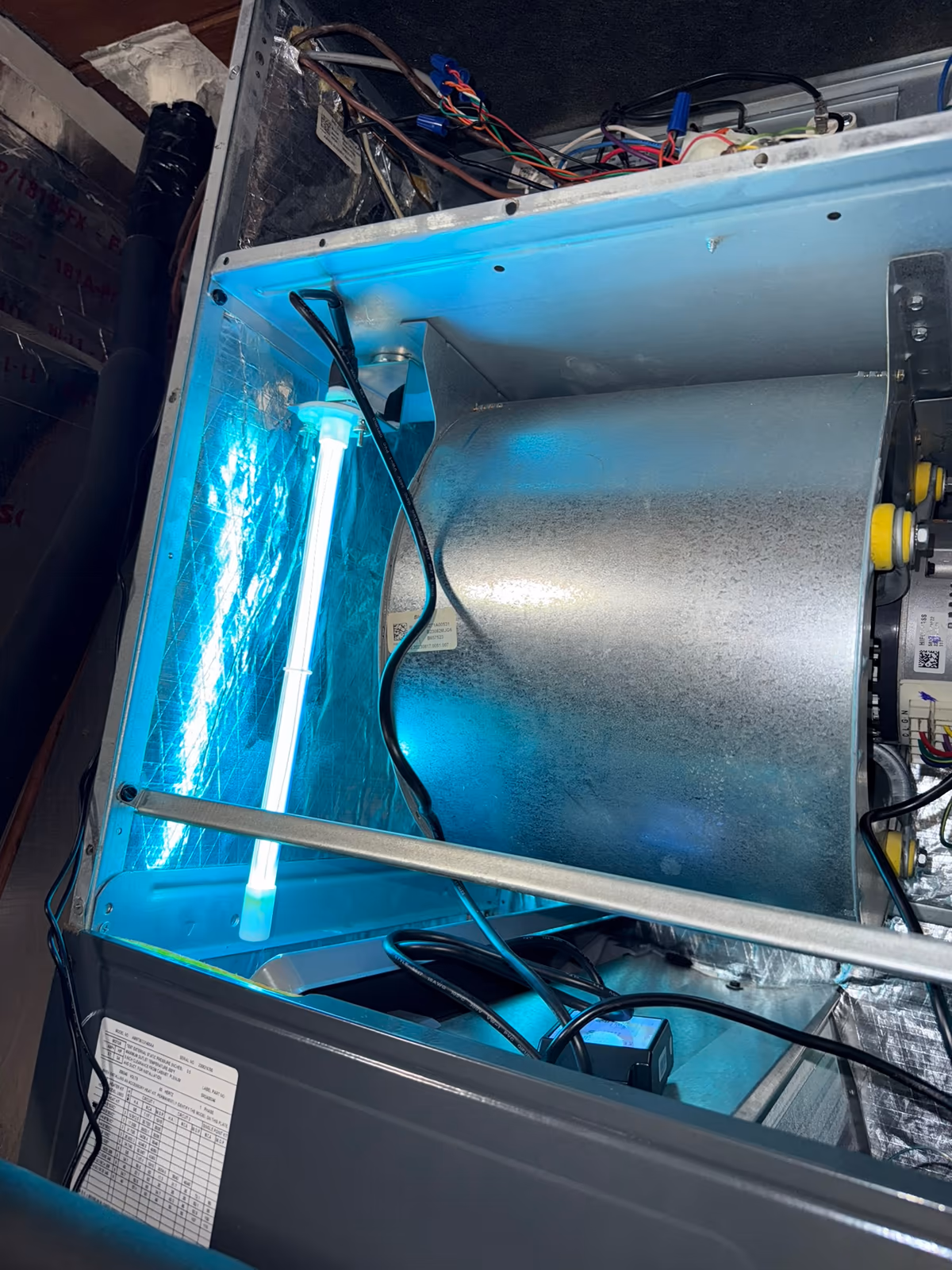 UV-C lamp installed above the blower assembly inside an air handler
